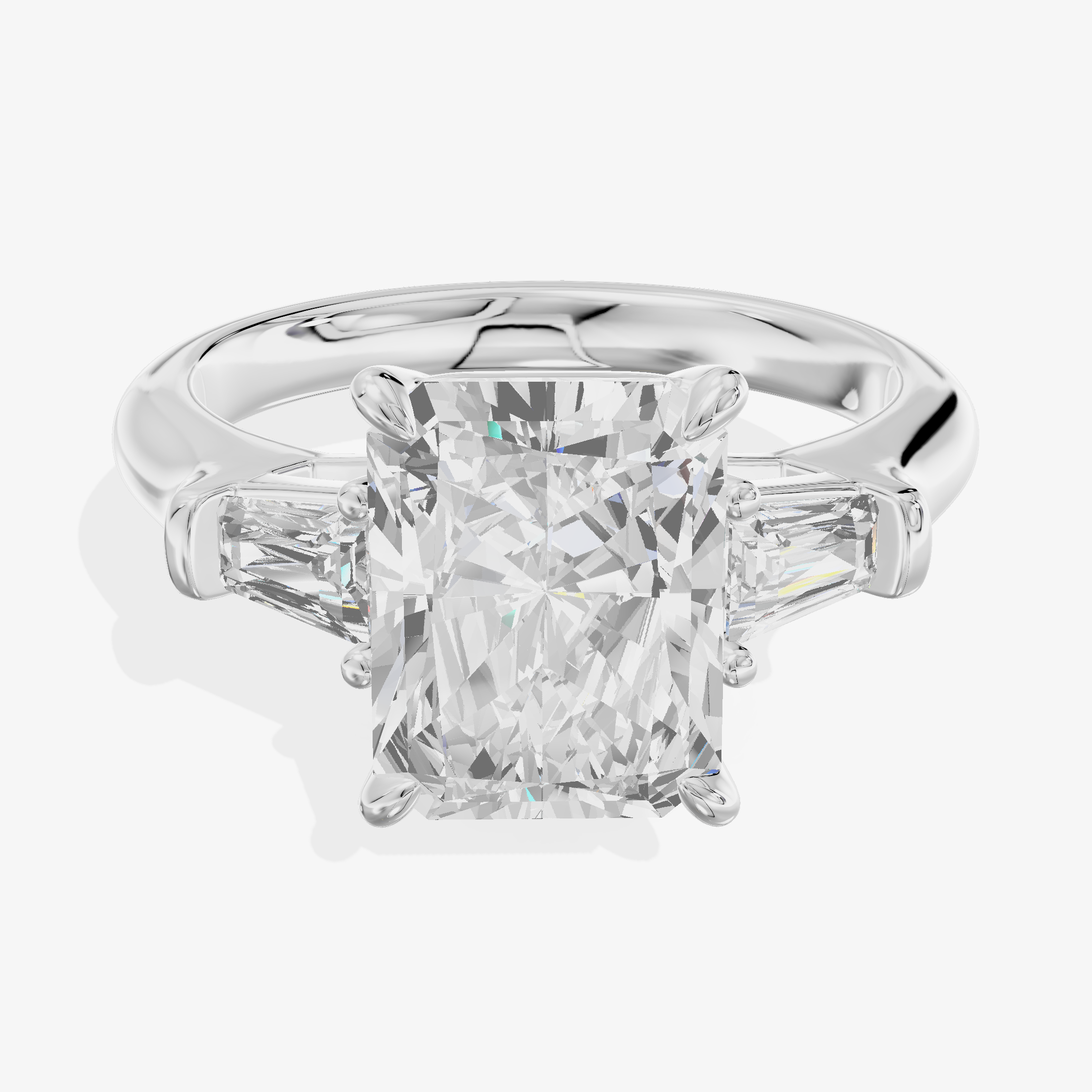 14K White Gold 3.03 Carat Radiant Cut Lab-Grown Diamond E VS1 Three-Stone Ring with Baguette Side Stones