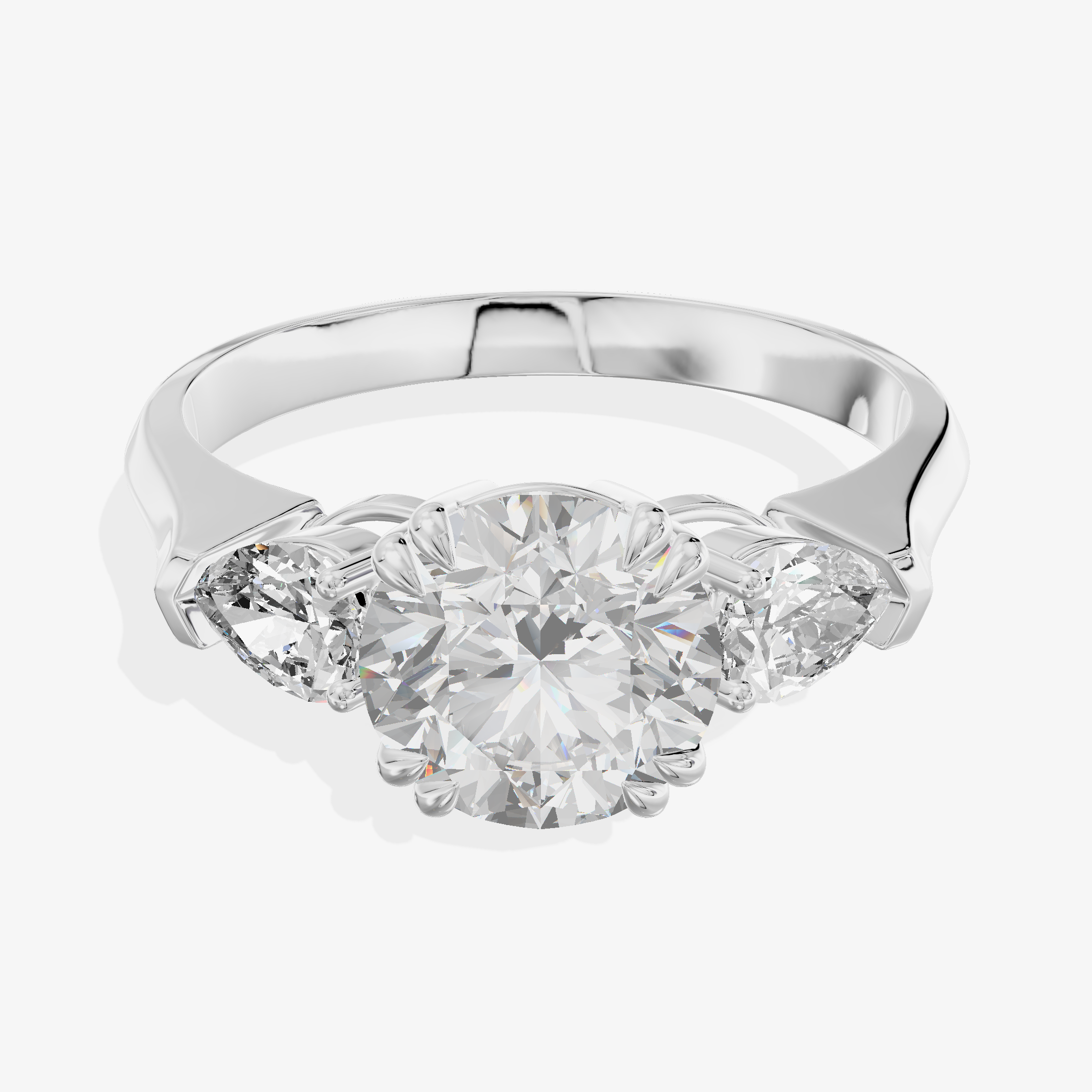 18K White Gold 1.07 Carat Round Brilliant Cut Lab-Grown Diamond D VVS2 Ring with Pear Shape Side Stones