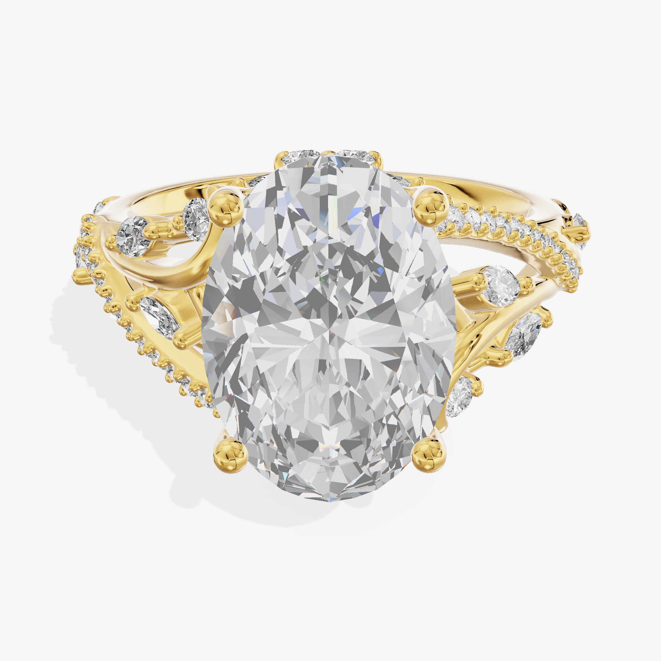 18K Yellow Gold 3.29 Carat Oval Cut Lab-Grown Diamond E VVS2 Ring with Marquise and Round Diamond Halo