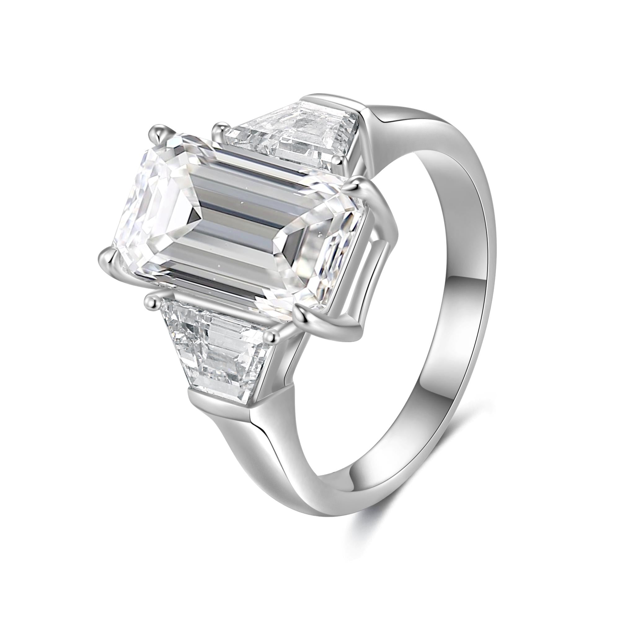 5.02ct Emerald Lab-Grown Diamond Three-Stone Engagement Ring with 1.103ct Trapezoid Side Stones