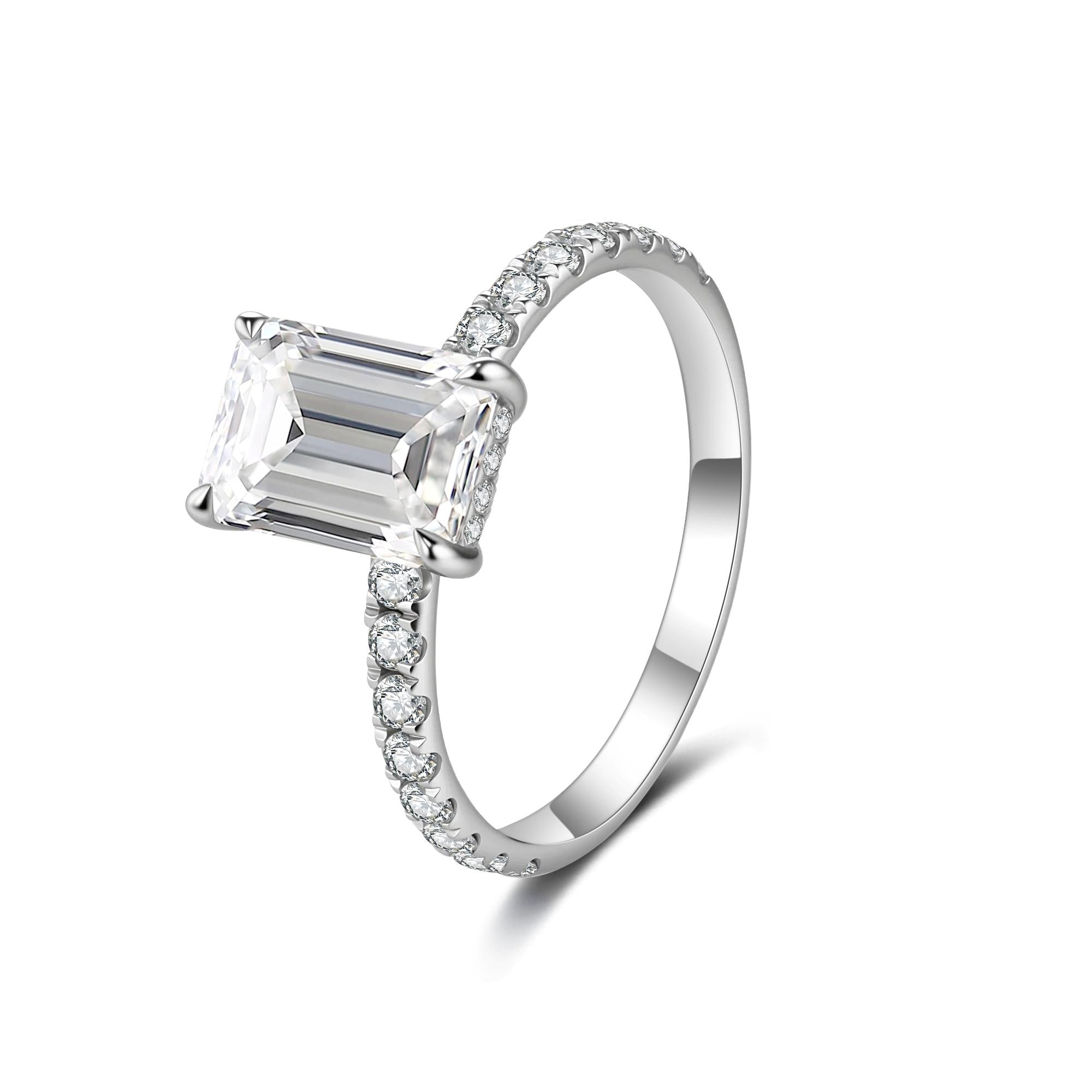 2.04ct Emerald Cut Lab-Grown Diamond Engagement Ring with 0.422ct Hidden Halo & Pavé Band — Hidden Halo Setting