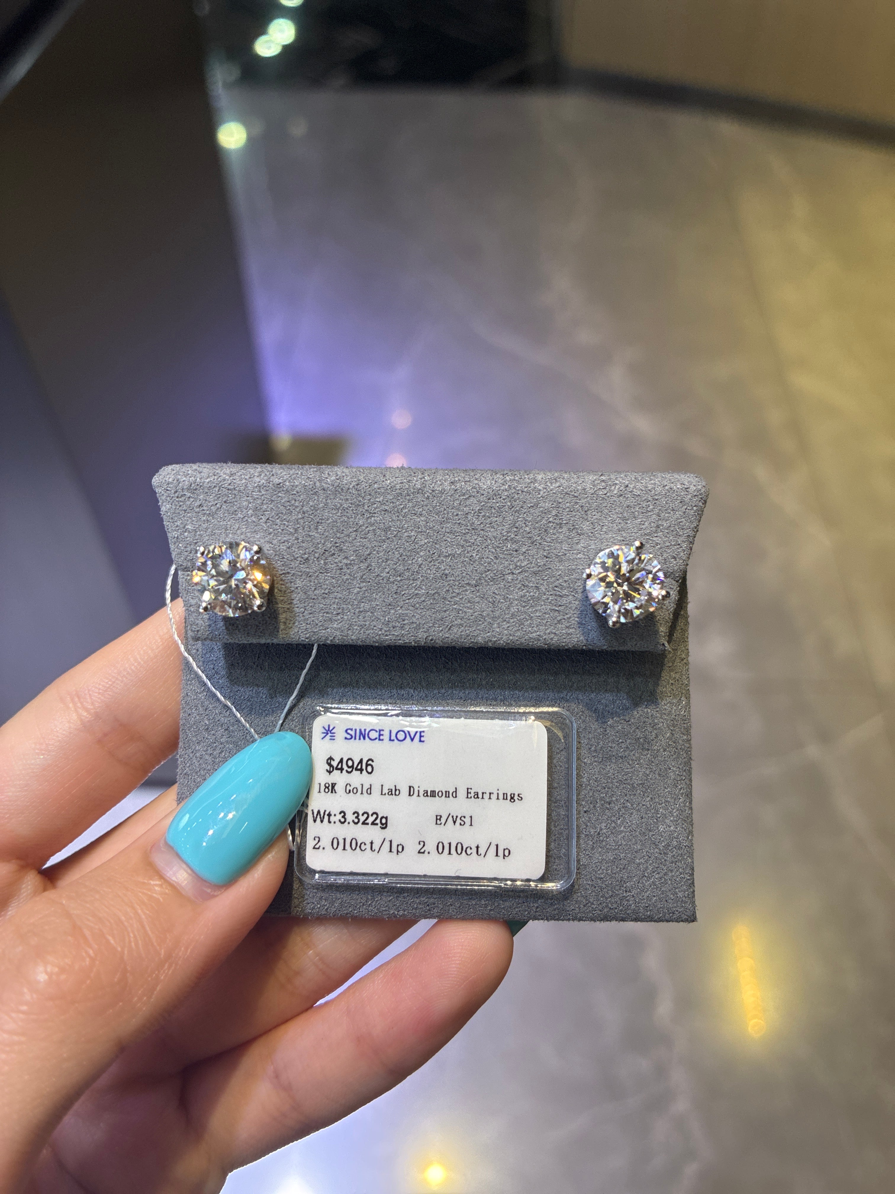 For Adriana 18K white gold earrings stud 2.01ct each total 4.02ct. E color VS1 clarity