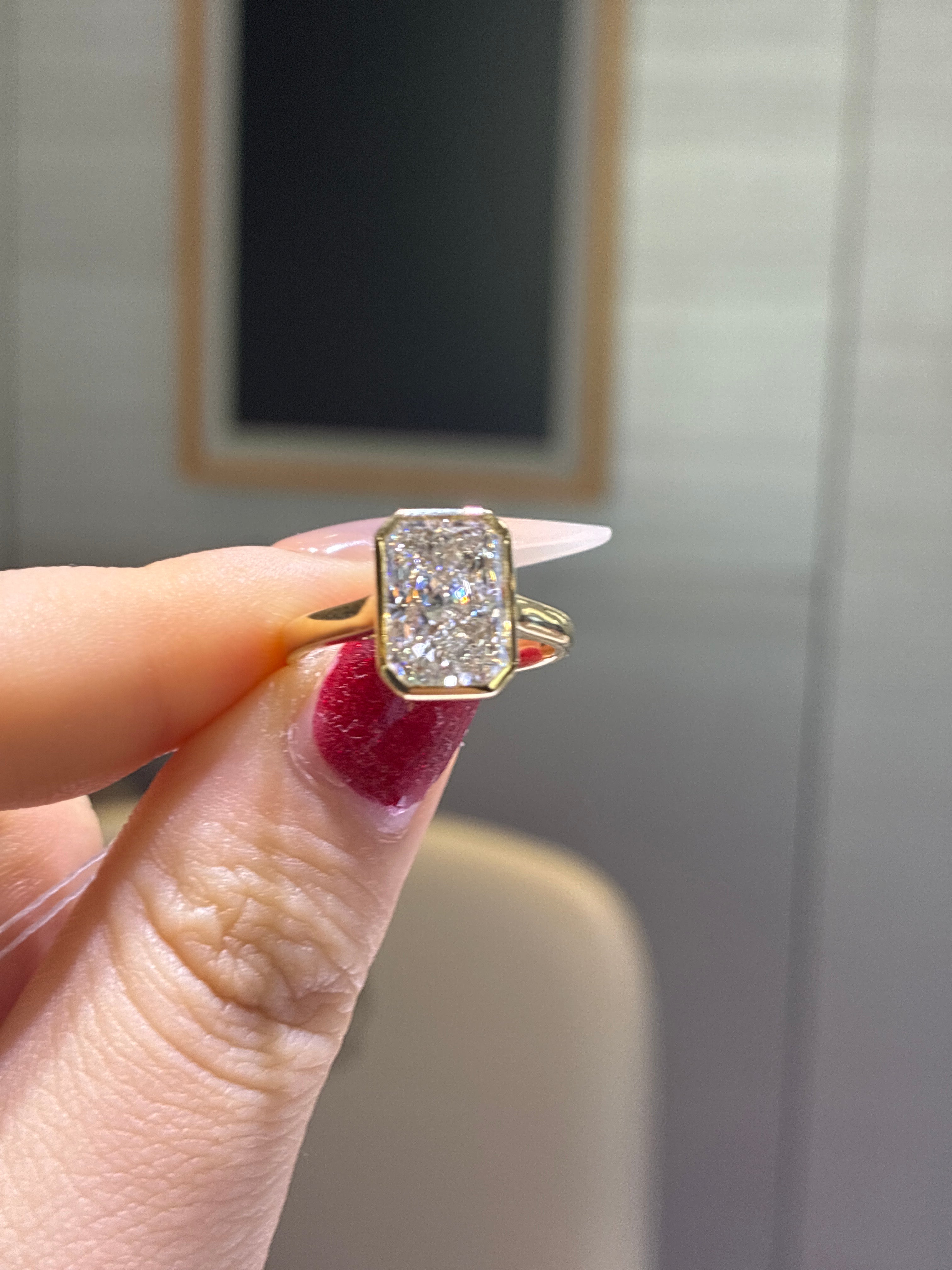 For Shelby 14k yellow gold bezel radiant cut ring E/vs1 2.87ct