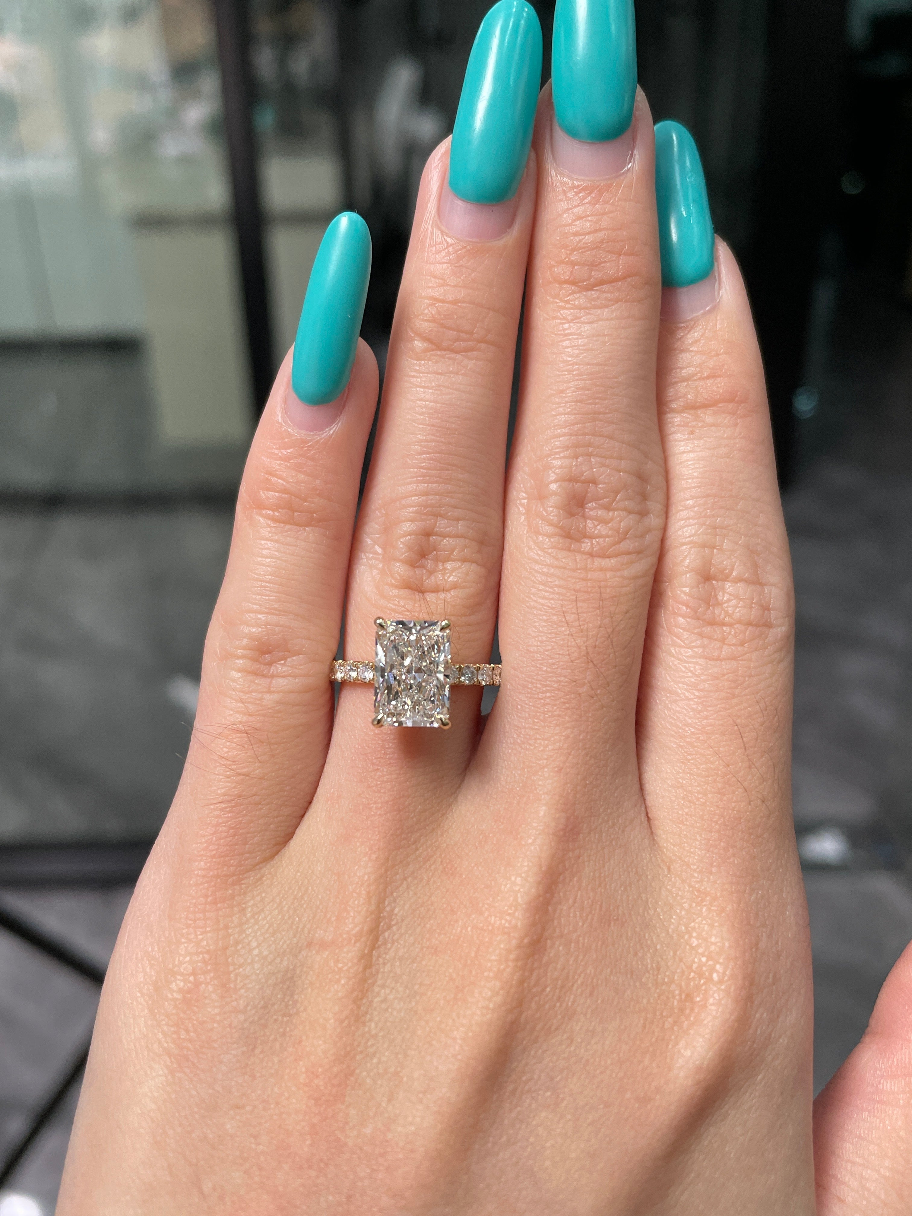For Queen M, 14k yellow gold, 3ct radiant cut with 0.437ct sidestones(customization)