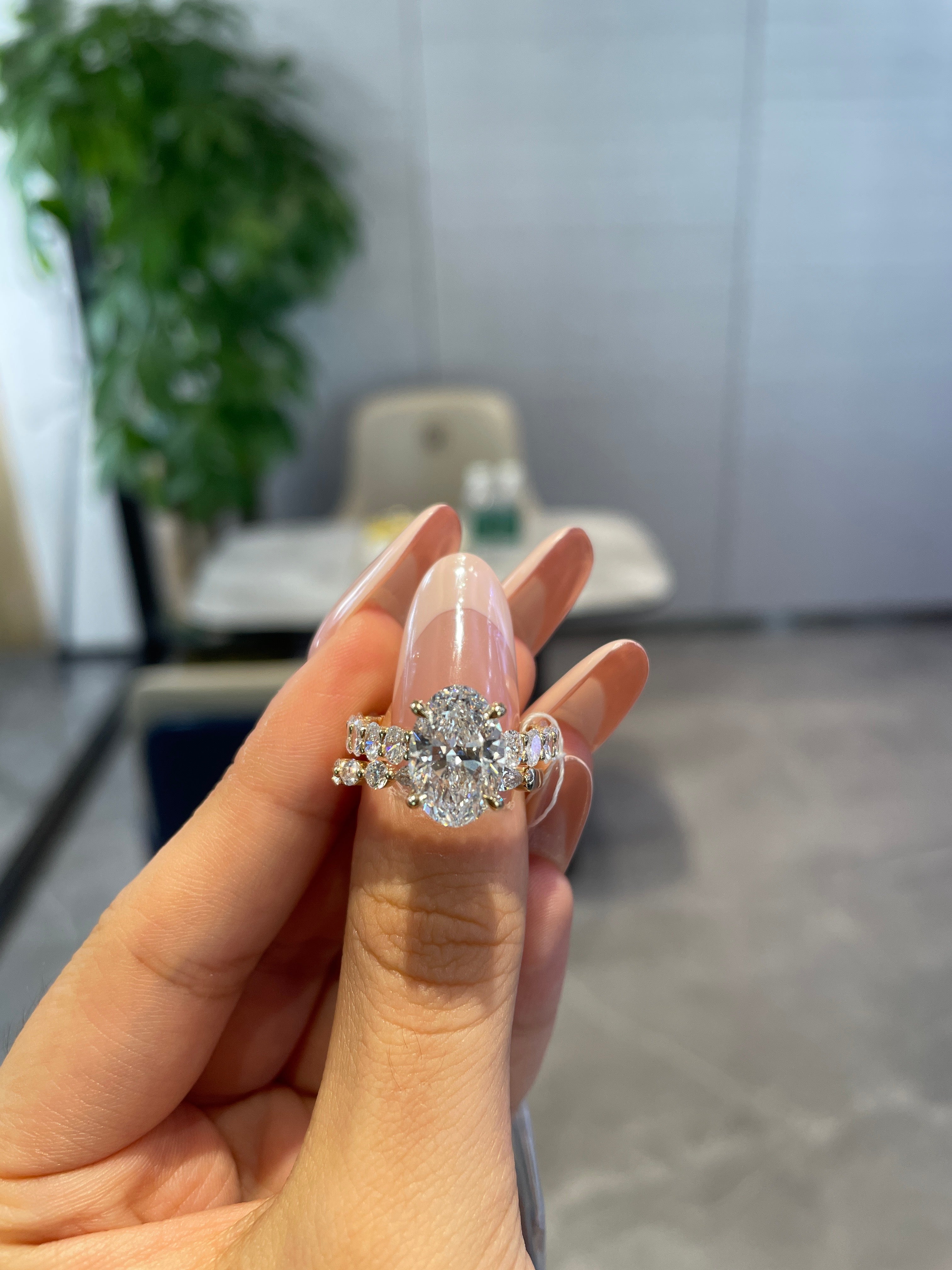Balance for LivingwithCarolina, deposit for Bridal Set in 14K Yellow gold, 3ct Oval center diamond with 2ct oval sidestones engagement ring, E/VVS2 + 0.53ct marquise wedding band