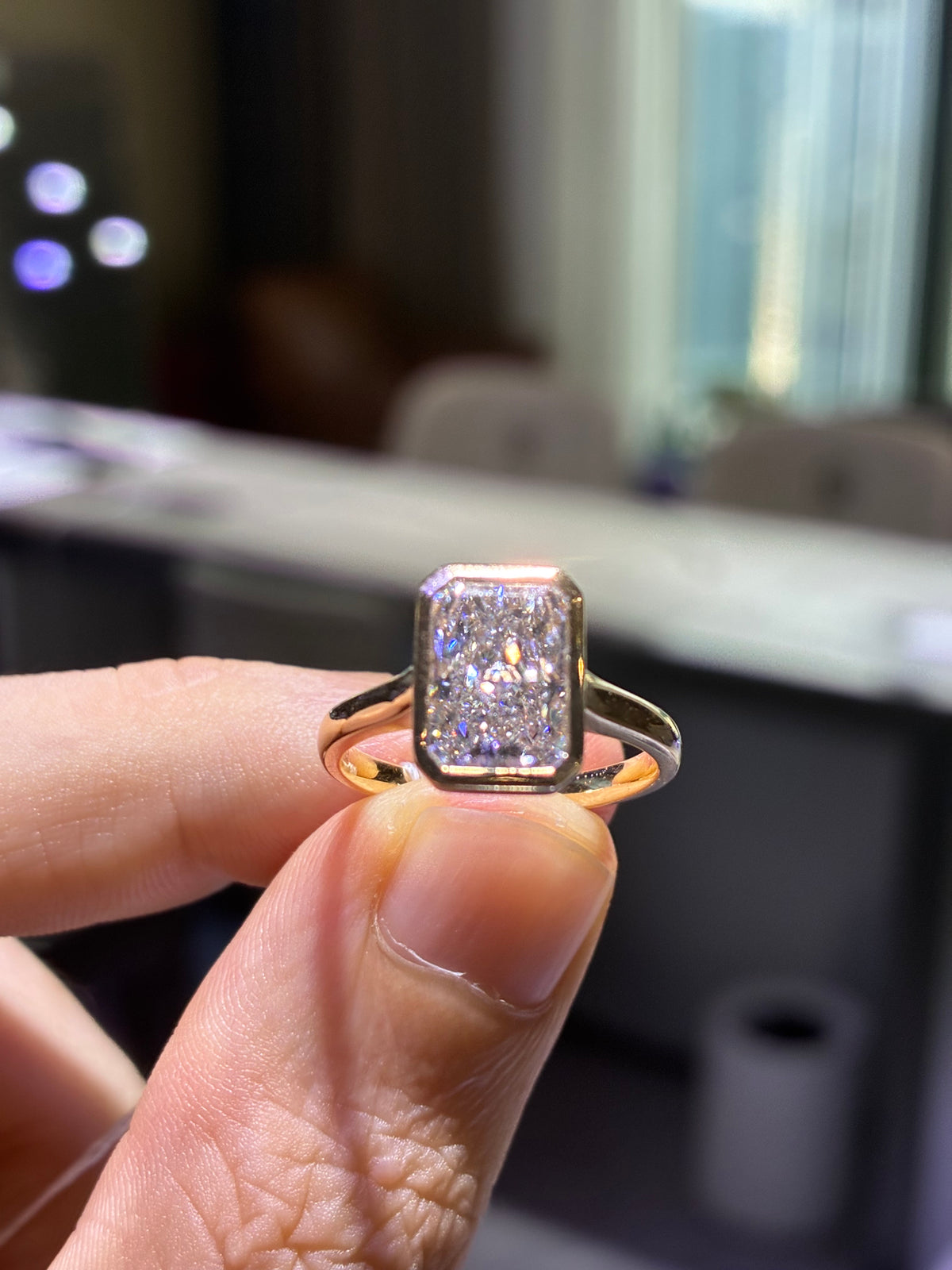 Deposit for Christine 2 carats d-e/vvs-vs radiant bezel in 14k yellow gold
