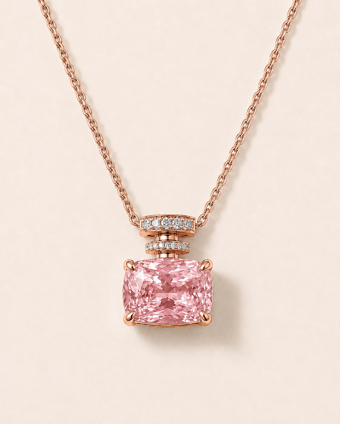 For Mom Z, remaining balance for Pink Diamond Perfume Bottle Necklace in 14K Solid rose gold, 2ct Elongated Cushion cut pink diamond center stone
FVP(Fancy Vivid Pink)/VVS2
16-17-18 in