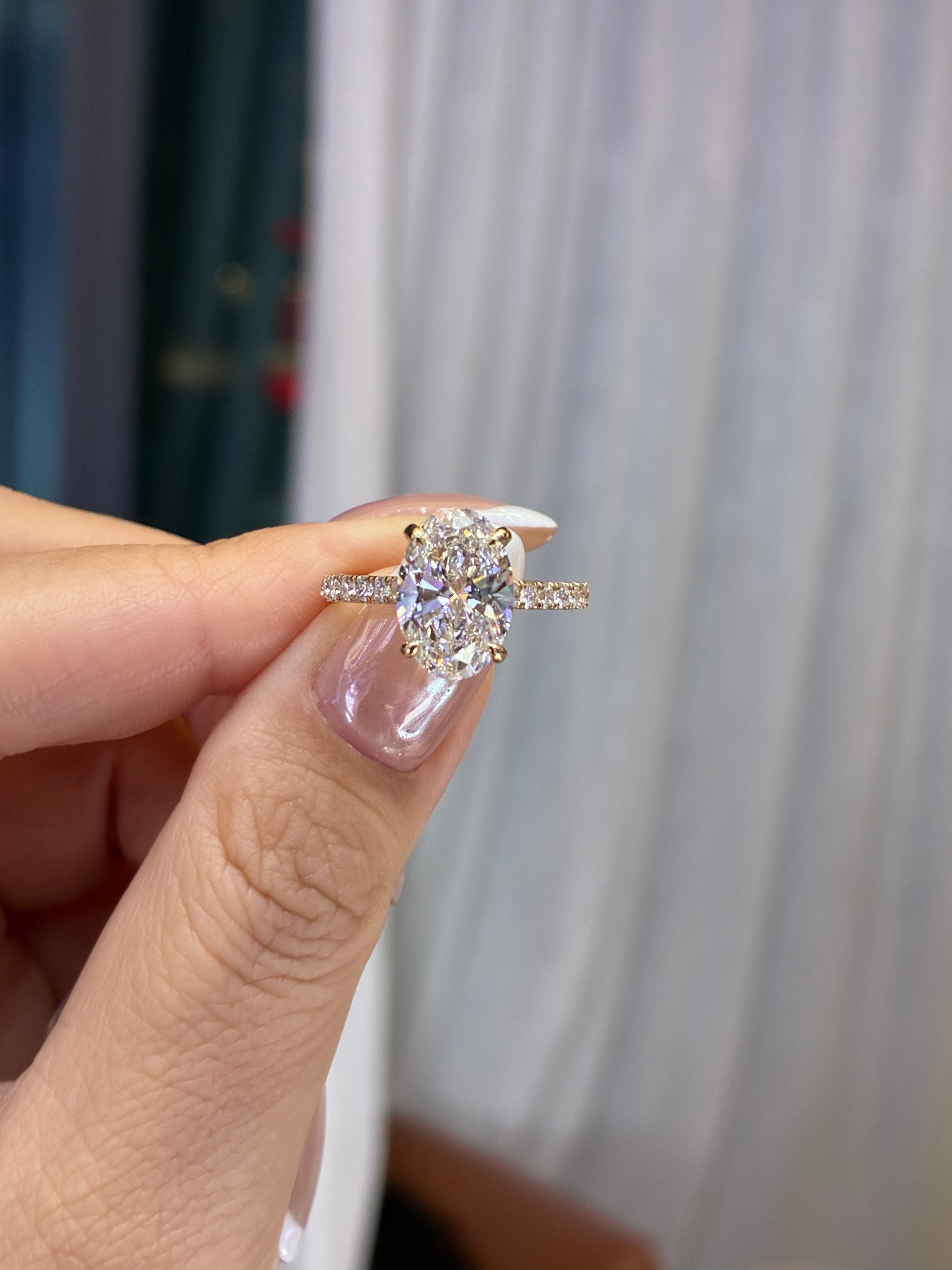 For Jordan, 3ct marquise solitaire with hidden halo and pave band, E/VVS2, 14k yellow gold