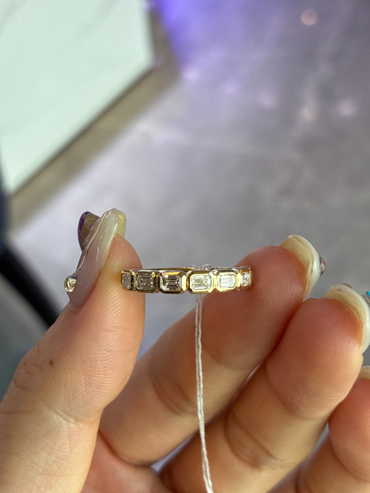 Kristin, East west Emerald bezel ring, 14k solid gold, D-E/VS,VVS,
