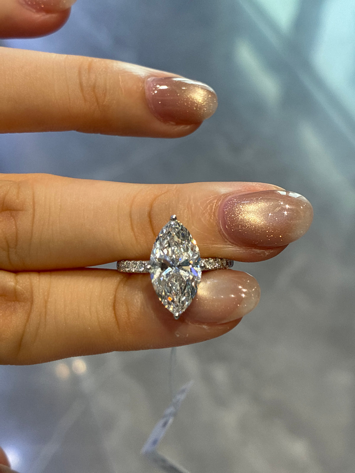 For Rolo 18K solid white gold,3.35ct marquise ring main stone, 0.212/14p side stone, WT: 3.647g,E/VS1,size8.5