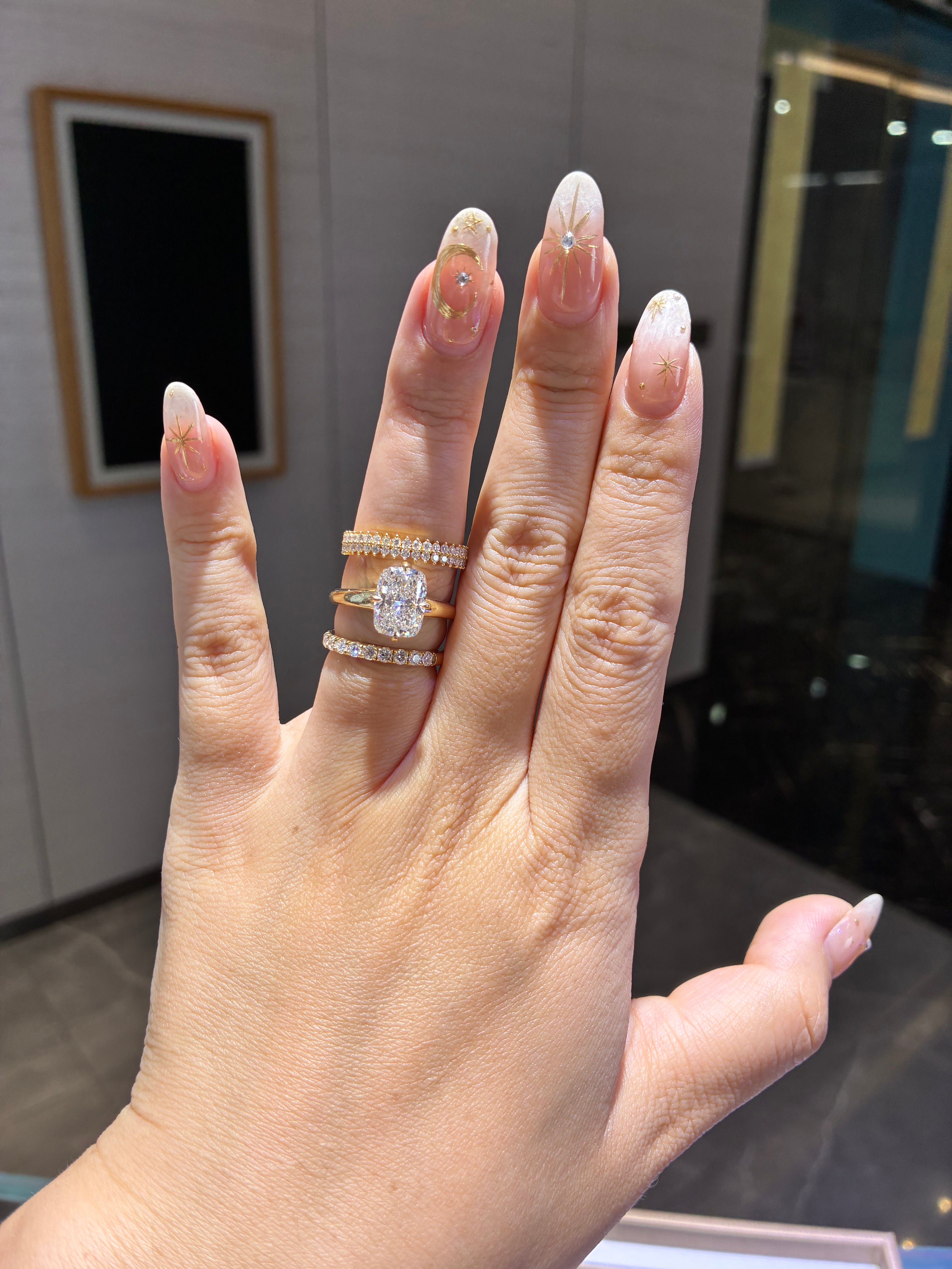 For MARZ LEON, Bridal Set, custom 3ct Radiant compass prongs in 14k + 2 Bands in 18k