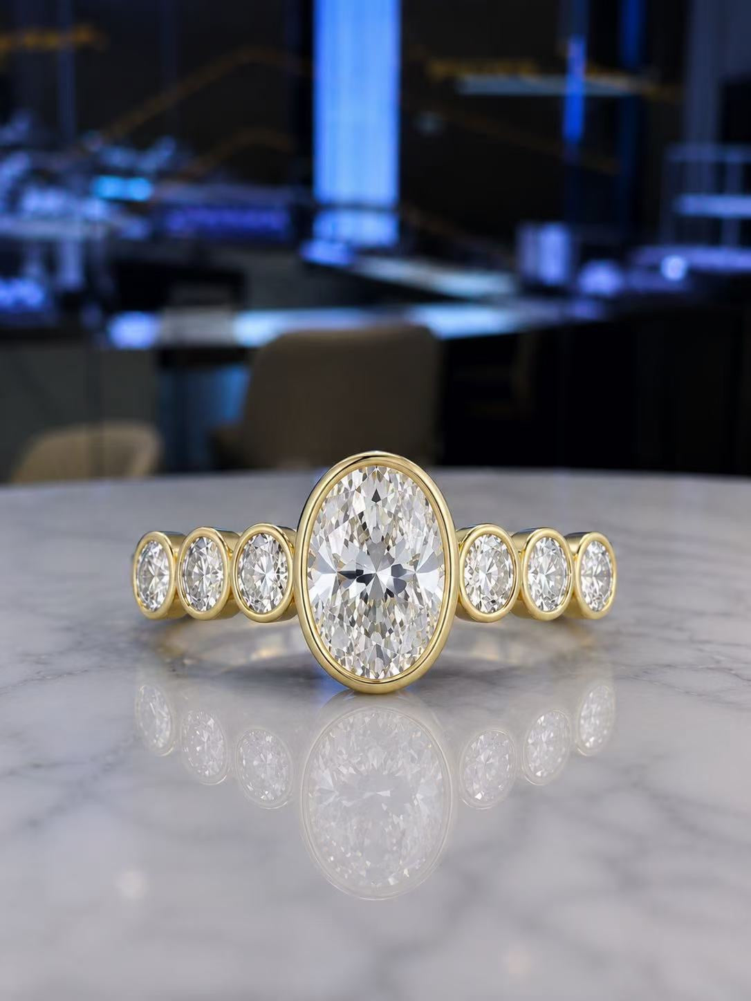 For Lis 14k solid yellow gold 2carat oval with 0.30each sidestones total
1.8ct, bezel setting