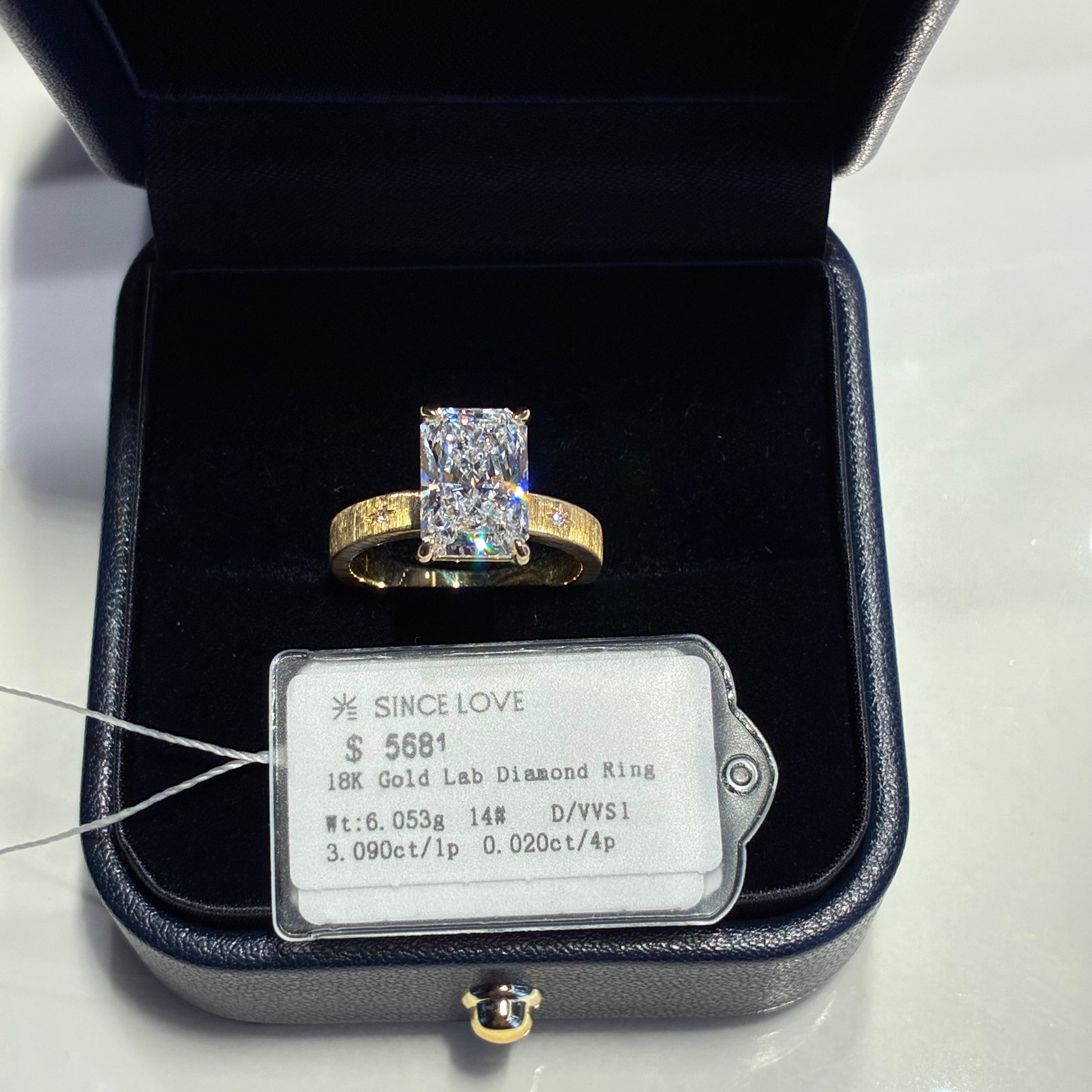 3.03ct Radiant Lab-Grown Diamond Buccellati-Style Brushed Matte Ring — 18K Gold, D/VVS2