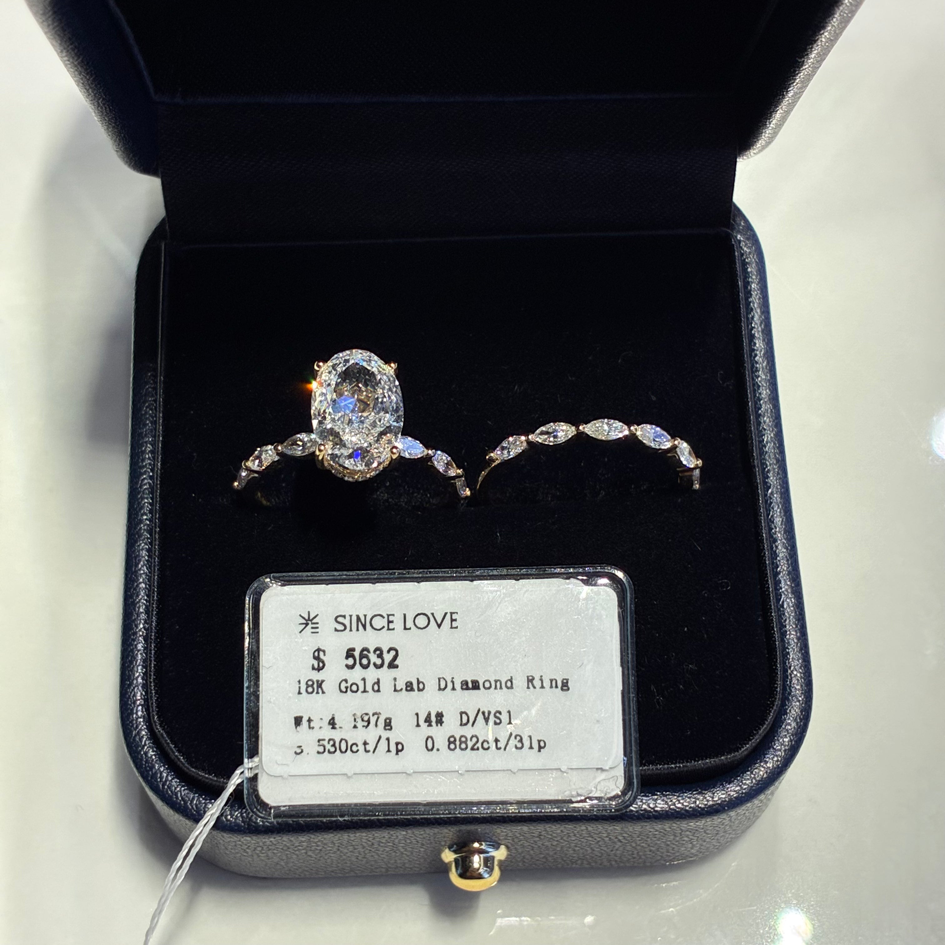 Oval Lab-Grown Diamond Bridal Set — 3.530ct Center, Hidden Halo + Marquise Band, 18K Gold, D/VS1