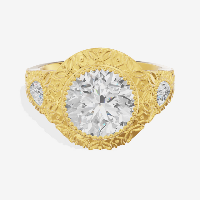 Vintage Engraved Halo Round Engagement Ring (2.02 ct. tw.) in 18K Yellow Gold