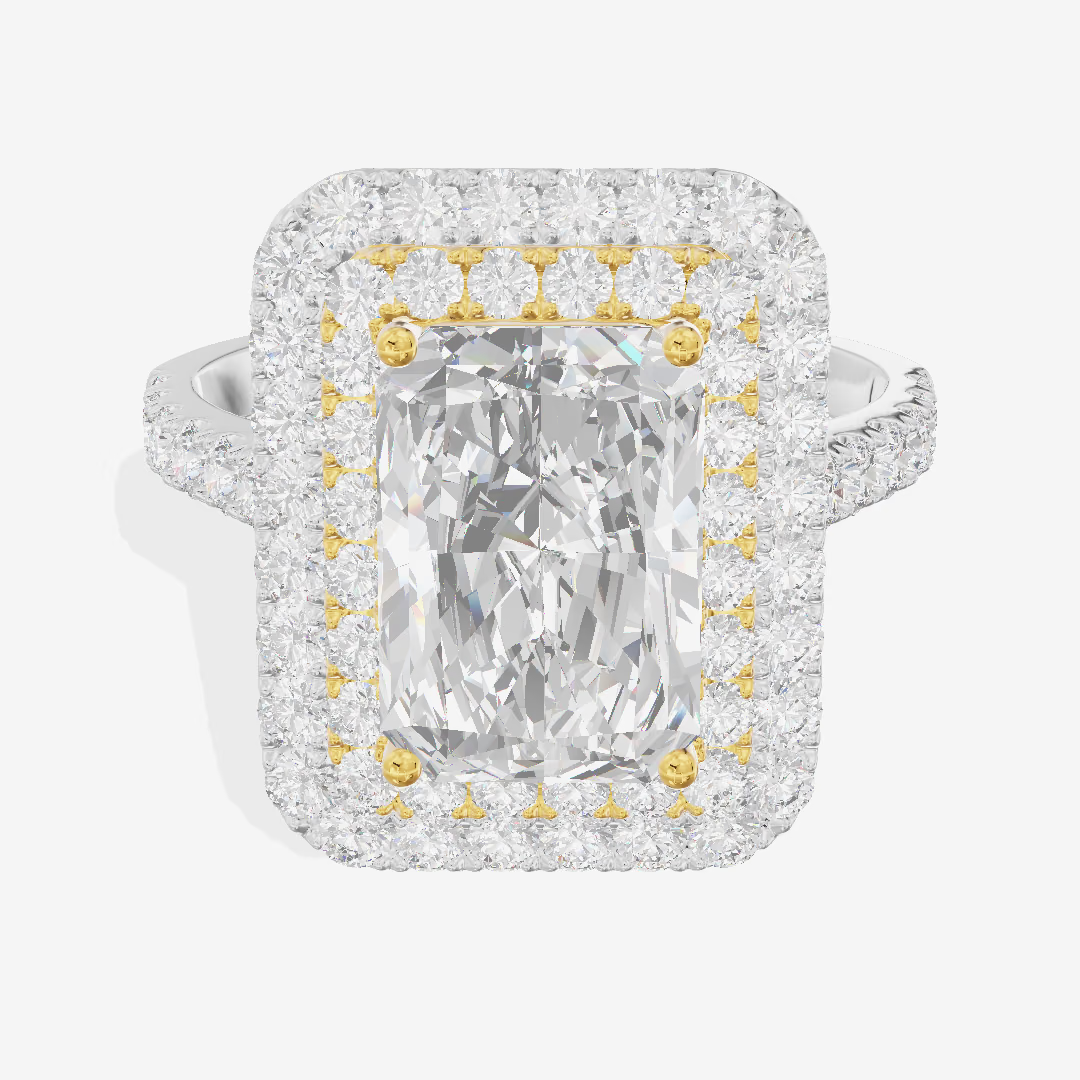 Two Tone Double Halo Radiant Engagement Ring