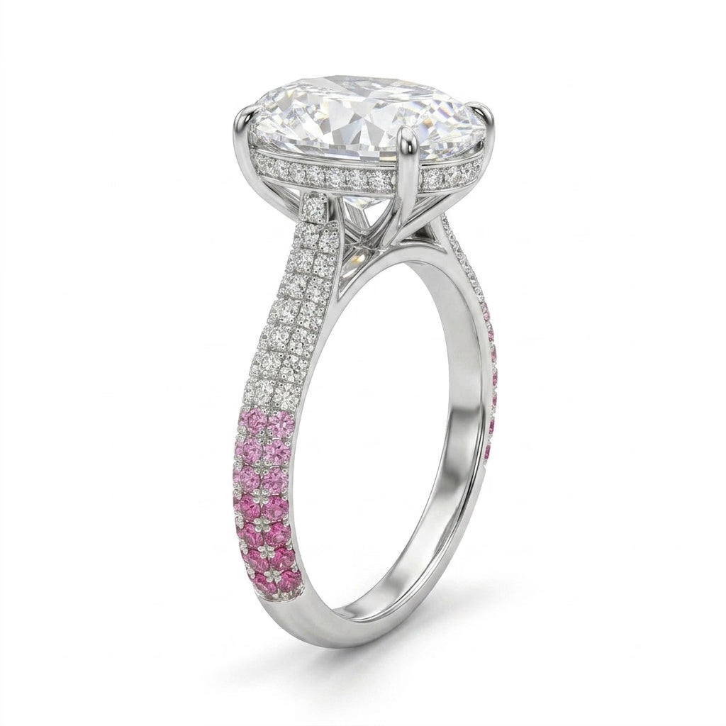Tall Cathedral Hidden Halo Pavé Oval Engagement Ring (5.02 ct. tw.) in 18K White Gold