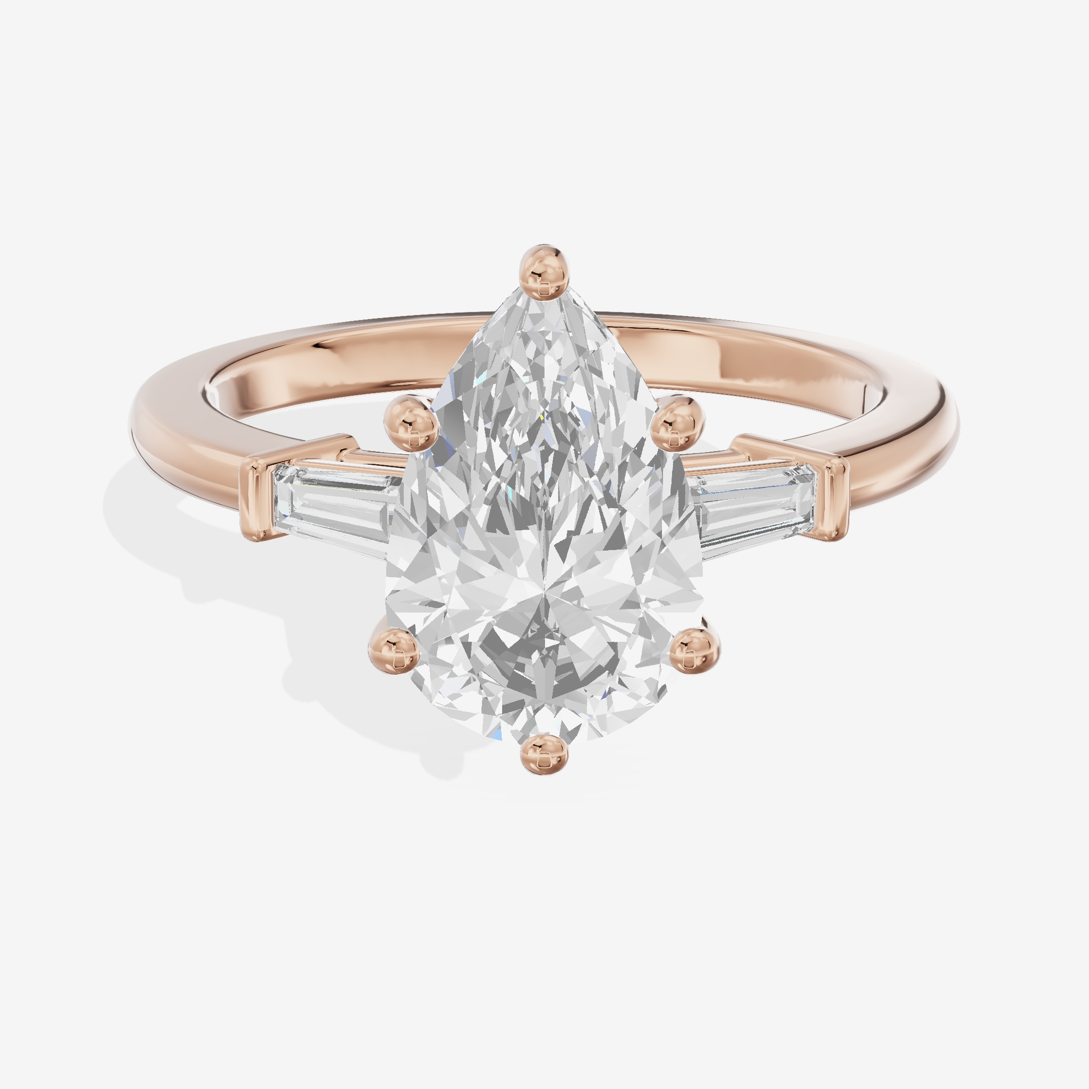Luxe Halcyon Three Stone Pear Engagement Ring (3/4 ct. tw.) in 18K Rose Gold