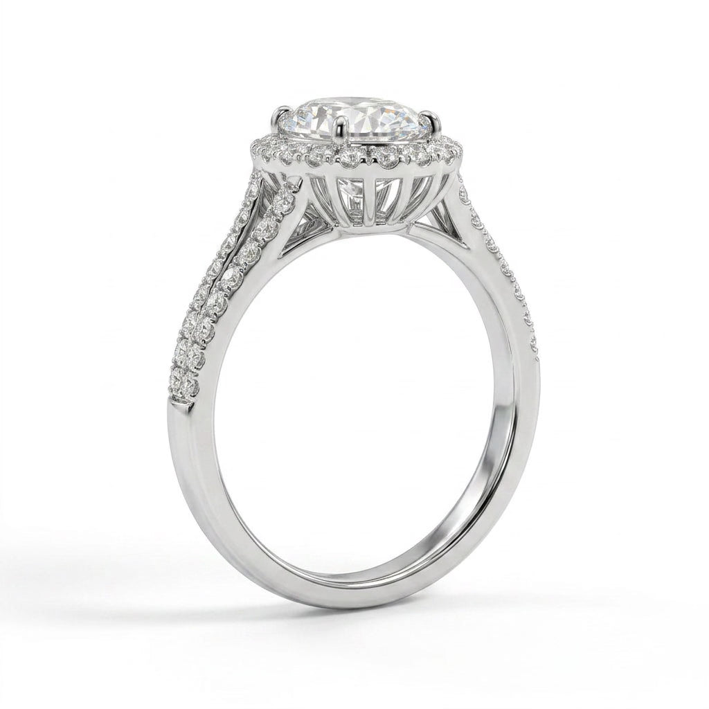 Halo Split Shank Oval Engagement Ring (2.32 ct. tw.) in 18K White Gold