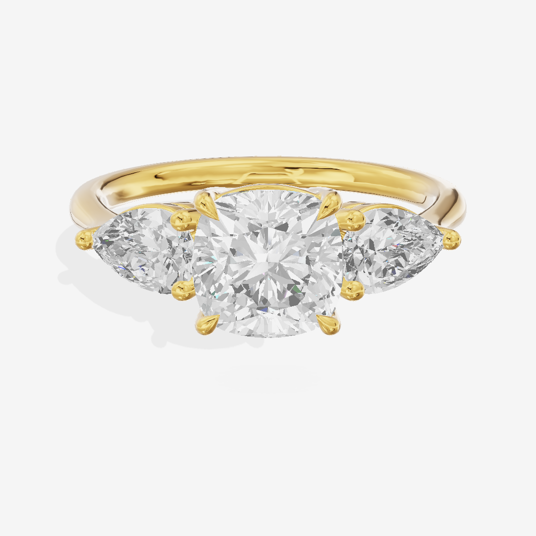 Luxe Adorae Three Stone Cushion Engagement Ring (3/4 ct. tw.) in 18K Yellow Gold