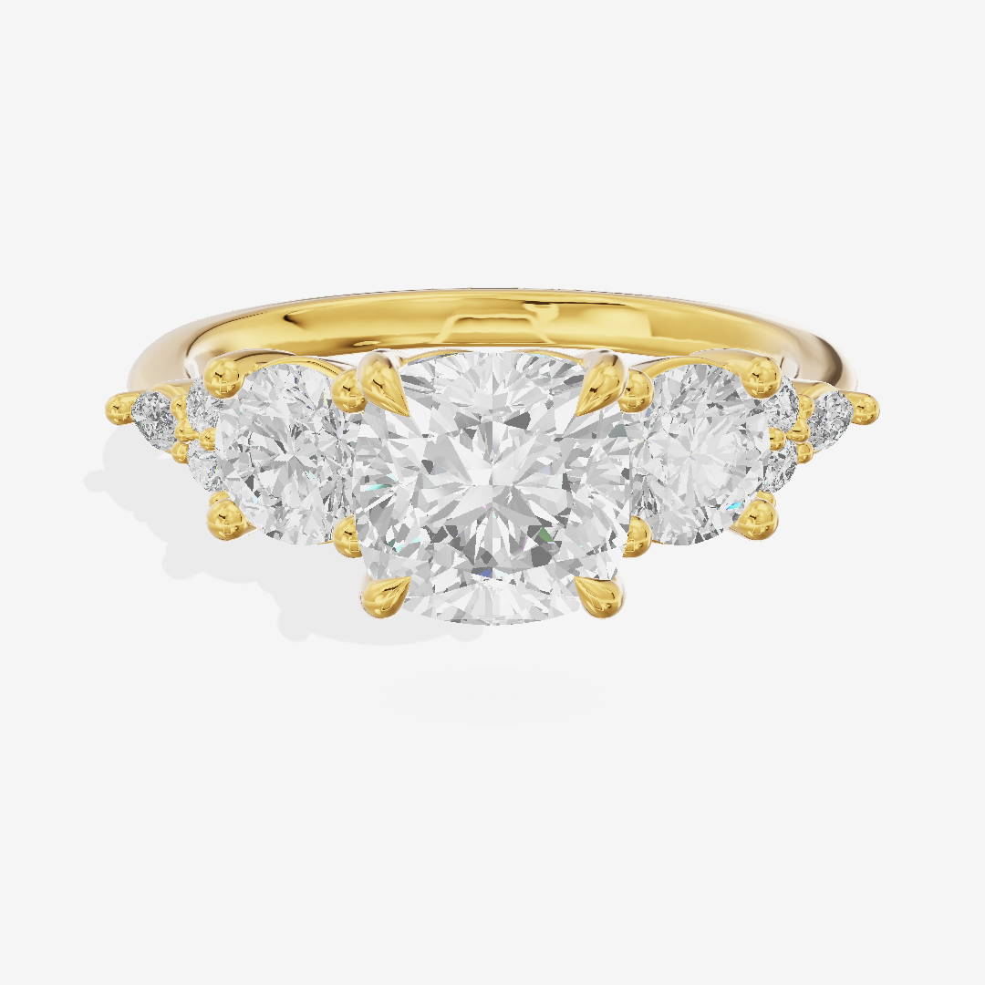 Luxe Halcyon Three Stone Cushion Engagement Ring (3/4 ct. tw.) in 14K Yellow Gold