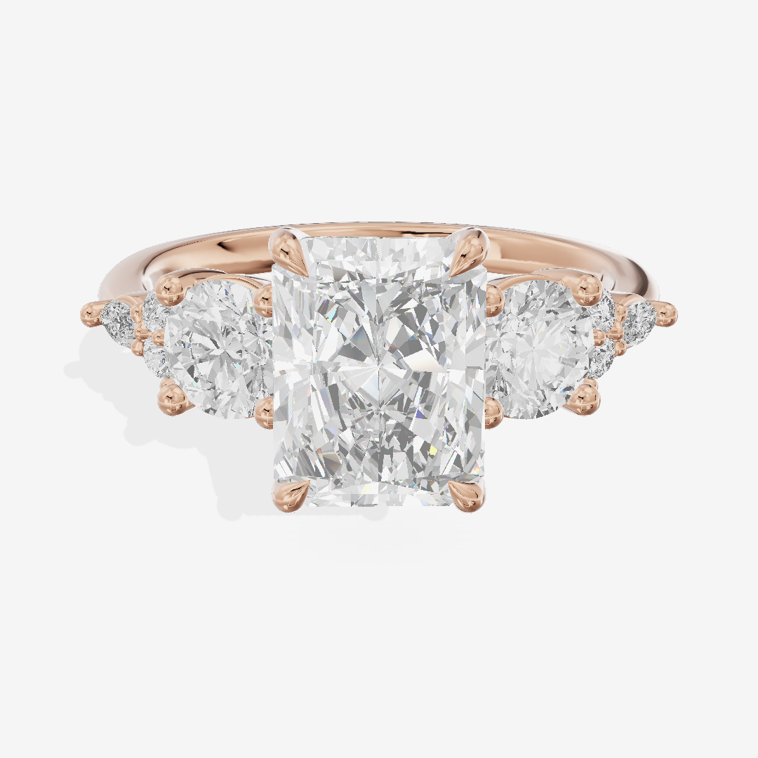Luxe Halcyon Three Stone Radiant Engagement Ring (3/4 ct. tw.) in 18K Rose Gold