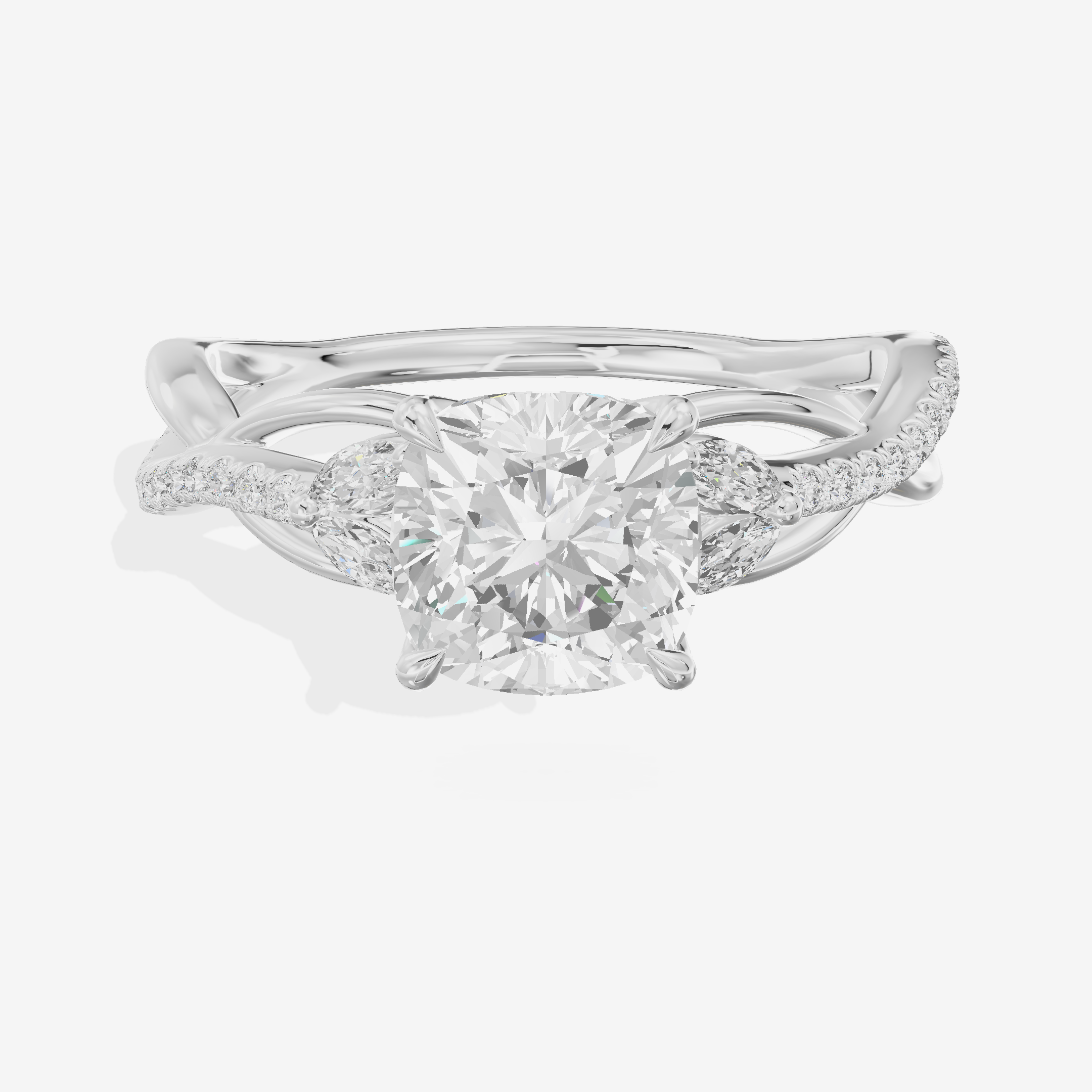 Lustrous Vowsae Cushion Engagement Ring with Side Stones (1/5 ct. tw.) in 14K White Gold