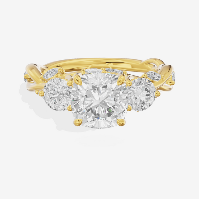 Modern Vowsae Three Stone Cushion Engagement Ring (3/4 ct. tw.) in 18K Yellow Gold