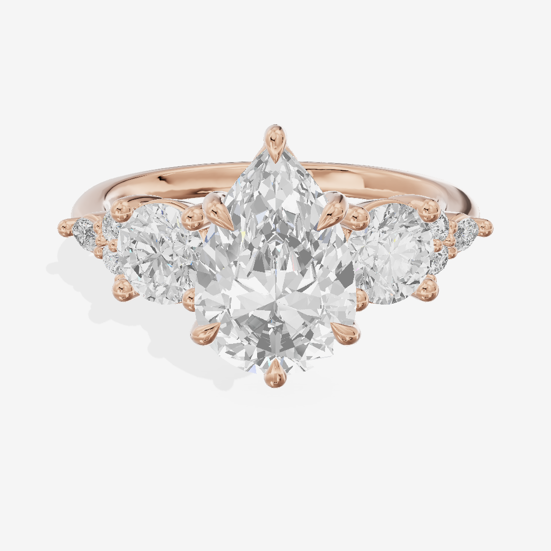 Luxe Halcyon Three Stone Pear Engagement Ring (3/4 ct. tw.) in 14K Rose Gold