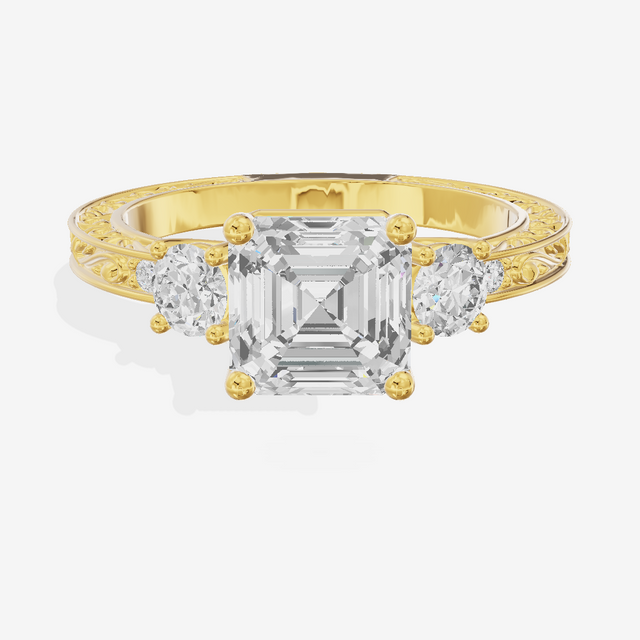Triade Engraved Asscher Three Stone Engagement Ring (1/3 ct. tw.) in 18K Yellow Gold