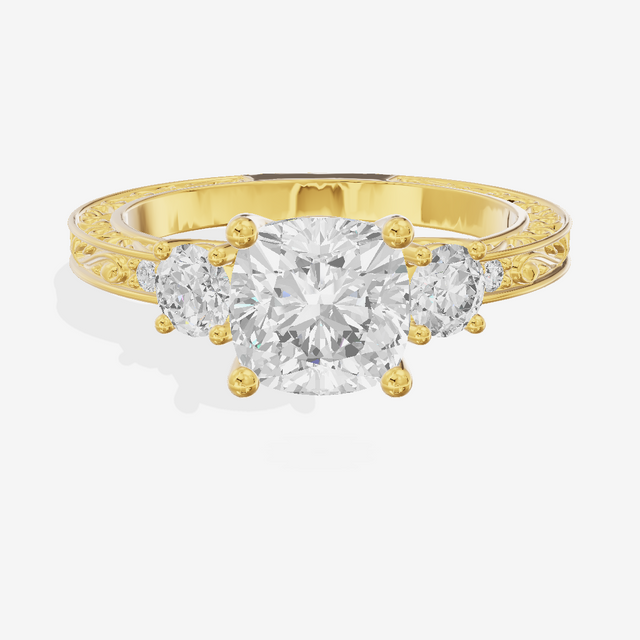 Triade Engraved Cushion Three Stone Engagement Ring (1/3 ct. tw.) in 18K Yellow Gold