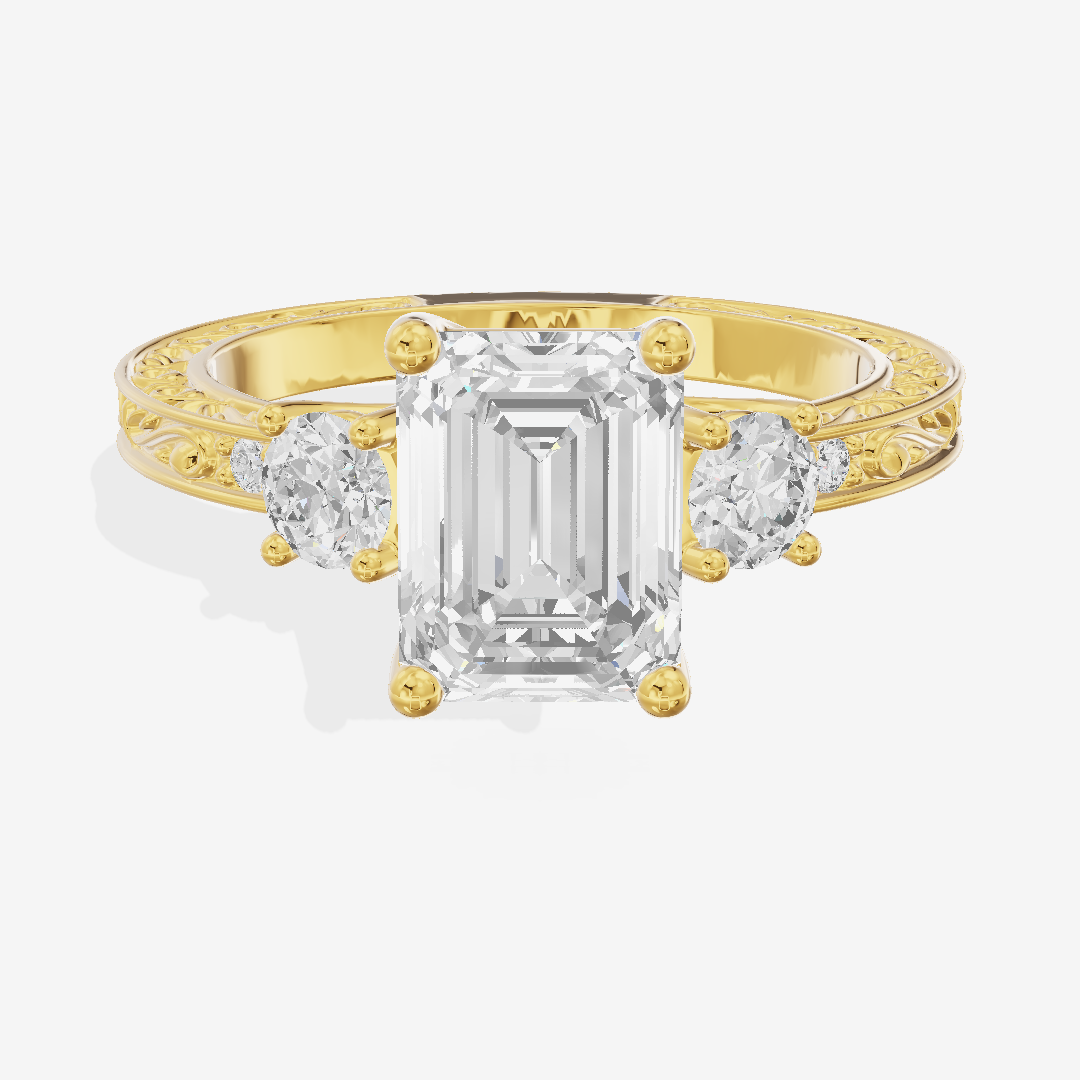 Triade Engraved Emerald Three Stone Engagement Ring (1/3 ct. tw.) in 18K Yellow Gold