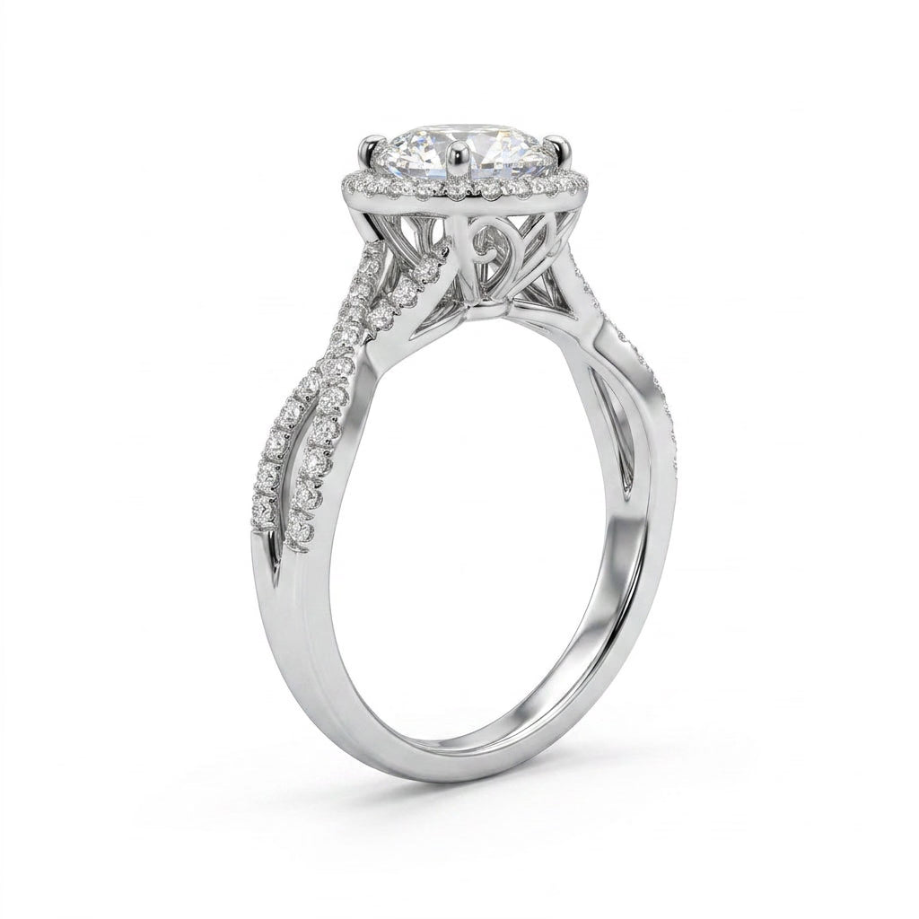 Tall Cathedral Halo Twist Round Engagement Ring (1.01 ct. tw.) in 18K White Gold