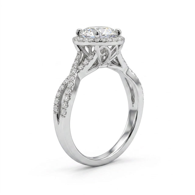 Tall Cathedral Halo Twist Round Engagement Ring (1.01 ct. tw.) in 18K White Gold