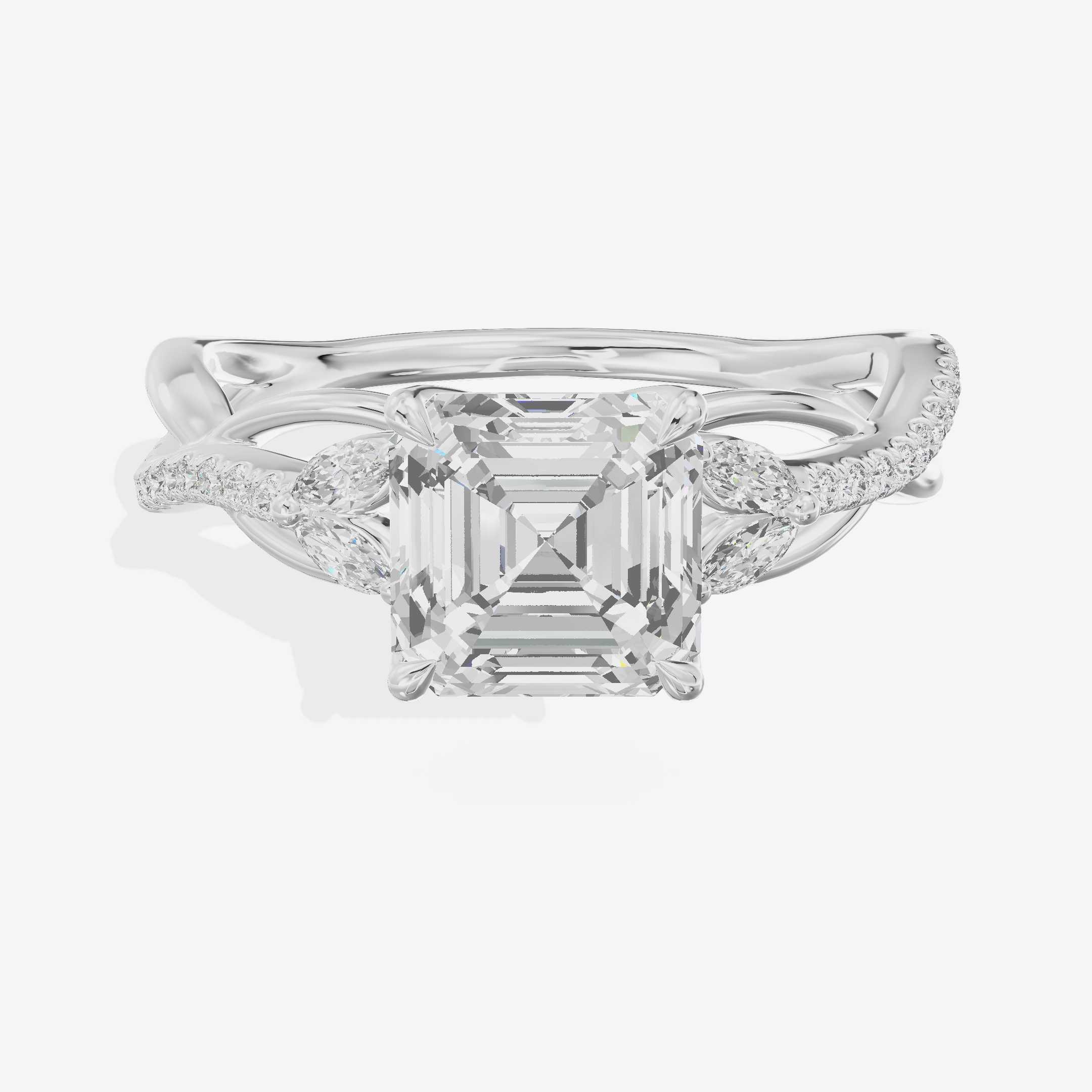 Lustrous Vowsae Asscher Engagement Ring with Side Stones (1/5 ct. tw.) in 14K White Gold