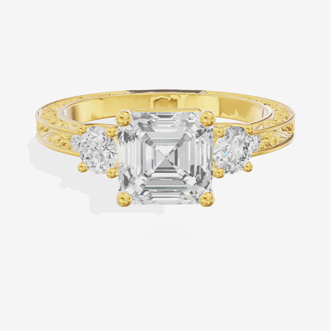 Triade Engraved Asscher Three Stone Engagement Ring (1/3 ct. tw.) in 14K Yellow Gold