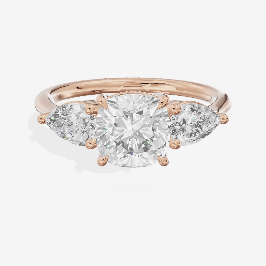 Luxe Adorae Three Stone Cushion Engagement Ring (3/4 ct. tw.) in 18K Rose Gold