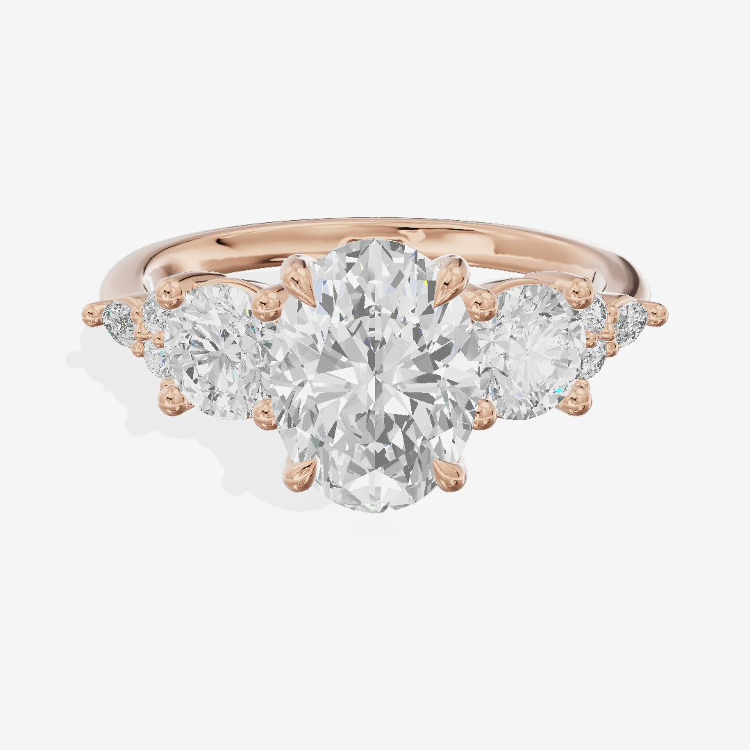 Luxe Halcyon Three Stone Oval Engagement Ring (3/4 ct. tw.) in 14K Rose Gold