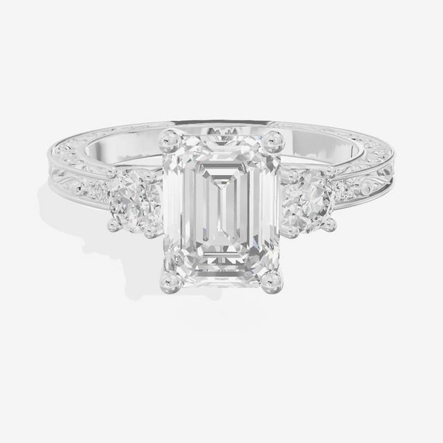 Triade Engraved Emerald Three Stone Engagement Ring (1/3 ct. tw.) in 14K White Gold