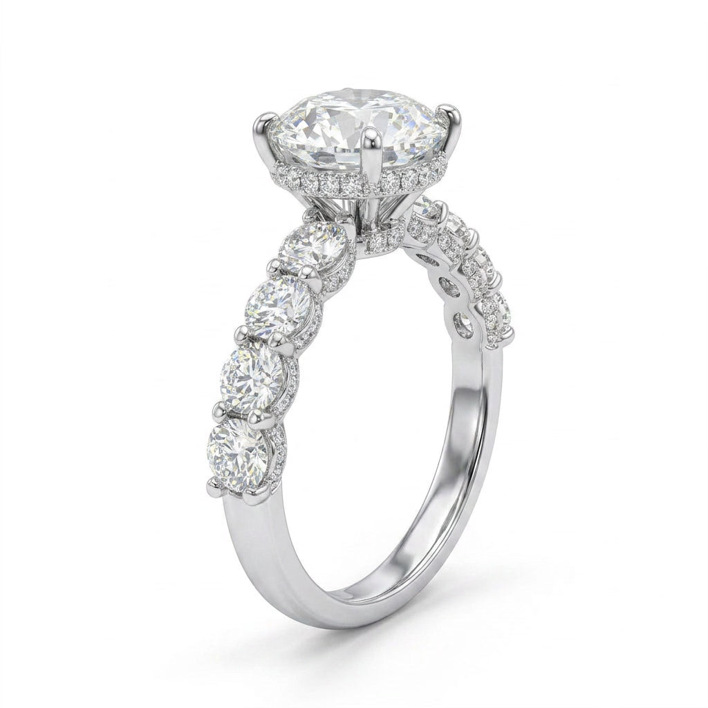 Hidden Halo Pavé Round Engagement Ring (3.07 ct. tw.) in 18K White Gold
