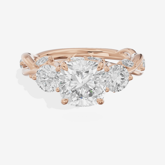 Modern Vowsae Three Stone Cushion Engagement Ring (3/4 ct. tw.) in 18K Rose Gold
