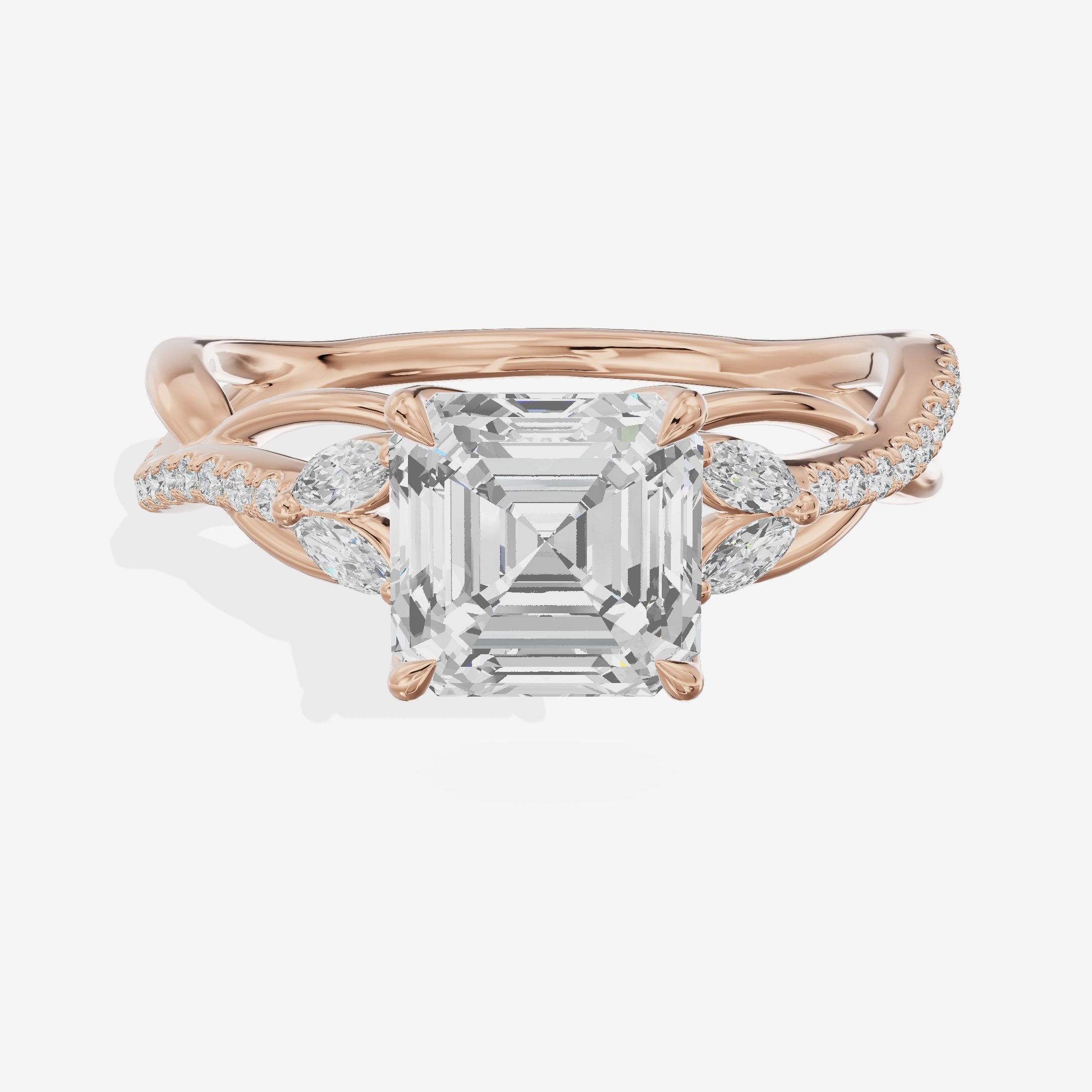 Lustrous Vowsae Asscher Engagement Ring with Side Stones (1/5 ct. tw.) in 14K Rose Gold