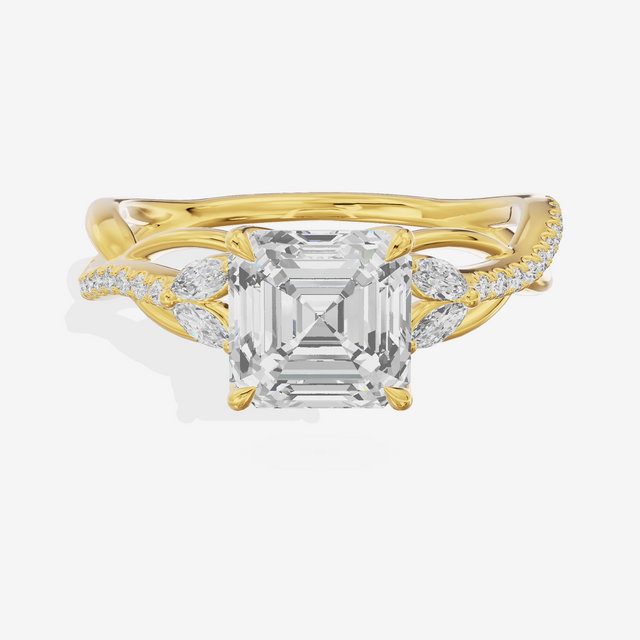 Lustrous Vowsae Asscher Engagement Ring with Side Stones (1/5 ct. tw.) in 18K Yellow Gold