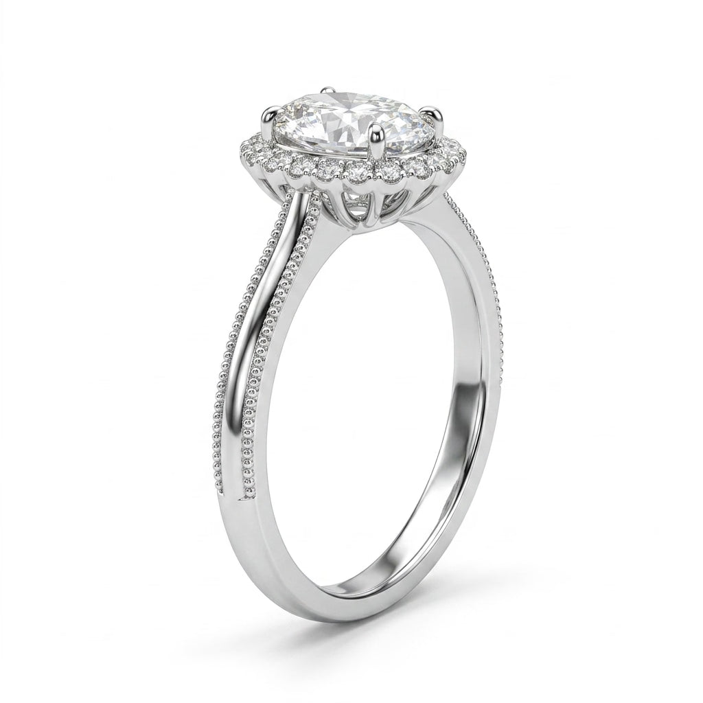 Halo Vintage Milgrain Oval Engagement Ring (1.41 ct. tw.) in 18K White Gold