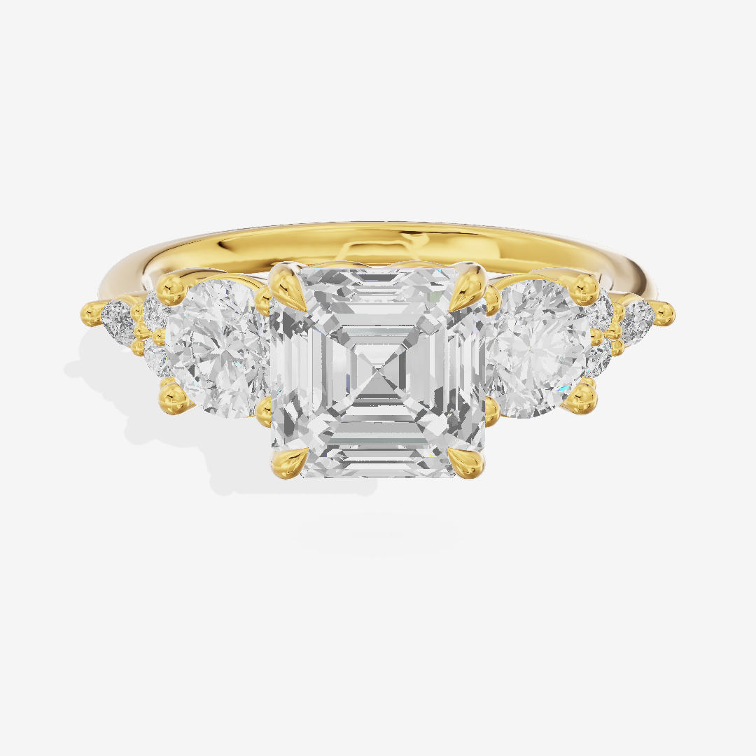 Luxe Halcyon Three Stone Asscher Engagement Ring (3/4 ct. tw.) in 18K Yellow Gold