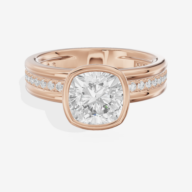 Belovae Bezel Cushion Engagement Ring with Side Stones (1/4 ct. tw.) in 18K Rose Gold
