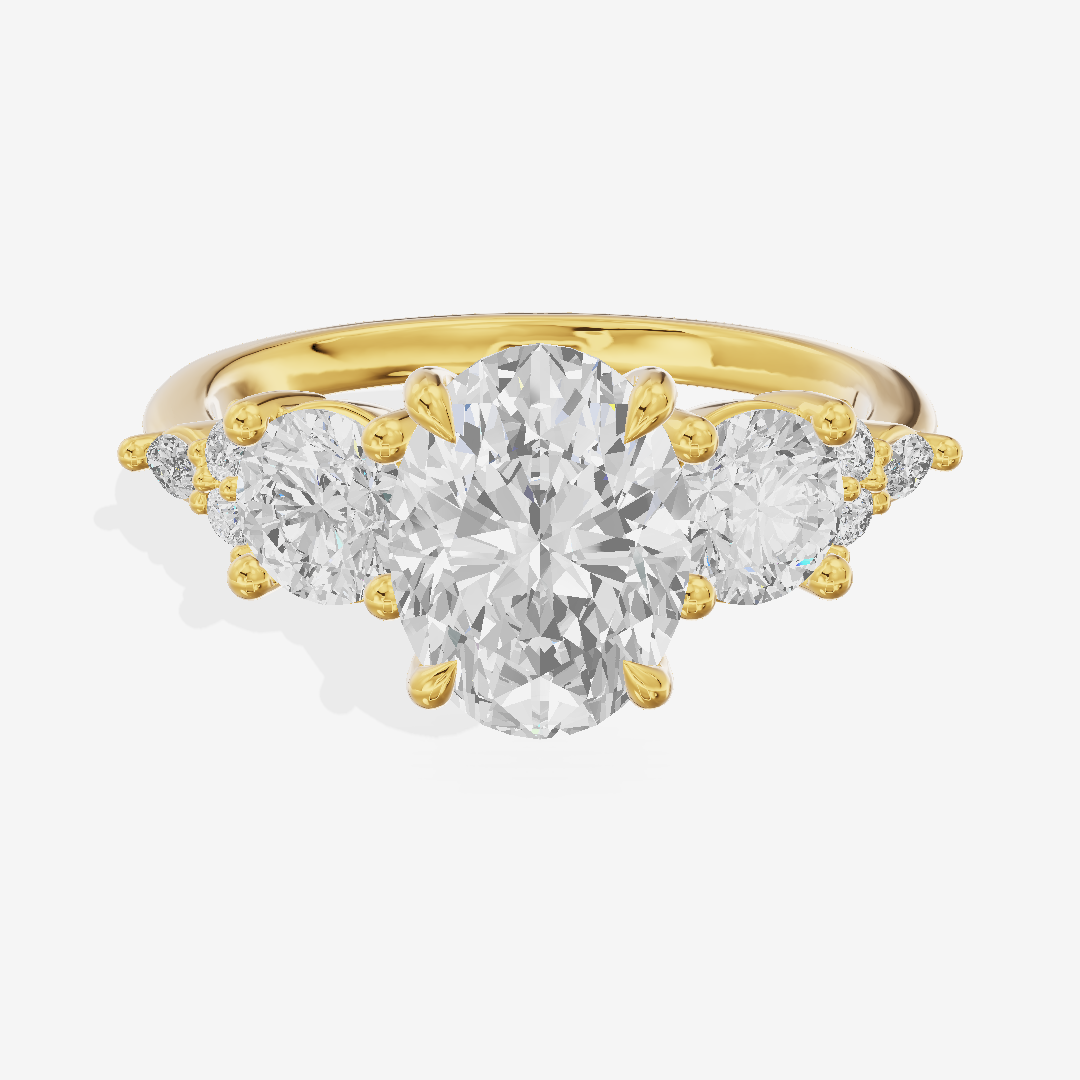Luxe Halcyon Three Stone Oval Engagement Ring (3/4 ct. tw.) in 14K Yellow Gold