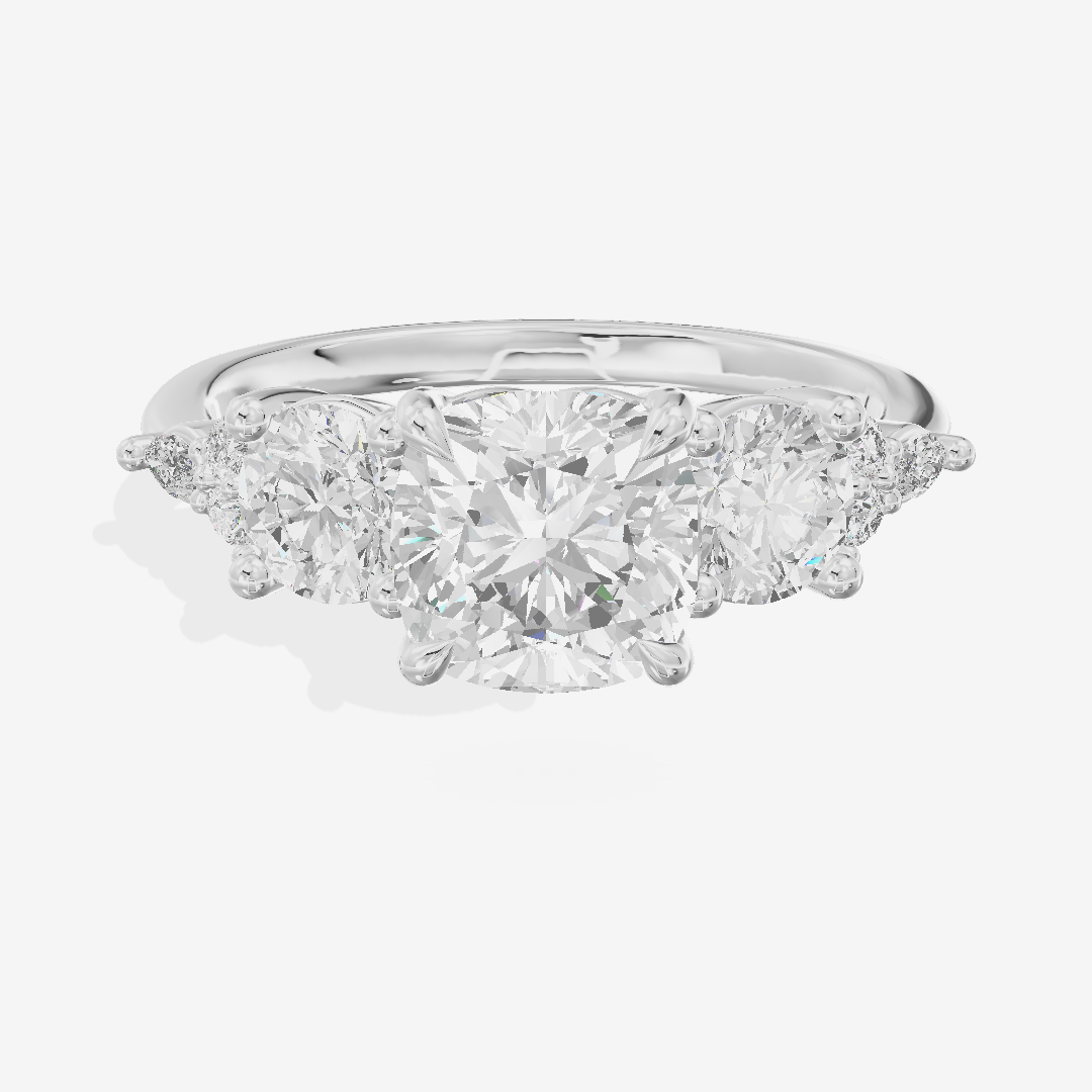Luxe Halcyon Three Stone Cushion Engagement Ring (3/4 ct. tw.) in 14K White Gold