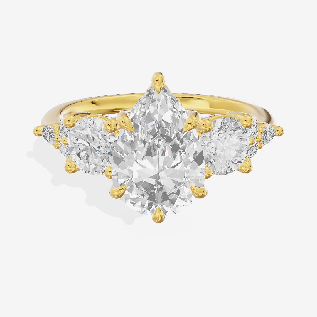 Luxe Halcyon Three Stone Pear Engagement Ring (3/4 ct. tw.) in 14K Yellow Gold