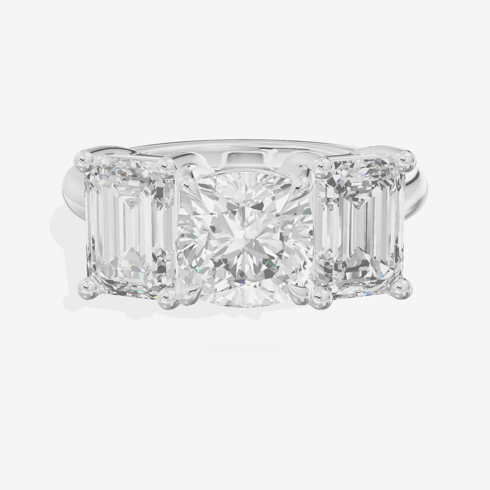 Luxe Whisper Three Stone Cushion Engagement Ring (3/4 ct. tw.) in 18K White Gold